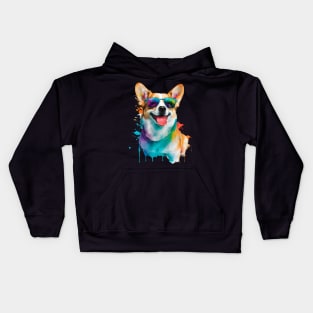 Rainbow Corgi in Sunglasses Funny Corgi Dog Lovers Kids Hoodie